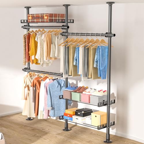Percha ajustable con ganchos para zapatos y estante de almacenamiento, barra de tensión de suelo a techo para dormitorio y sala de estar, perchero telescópico que ahorra espacio