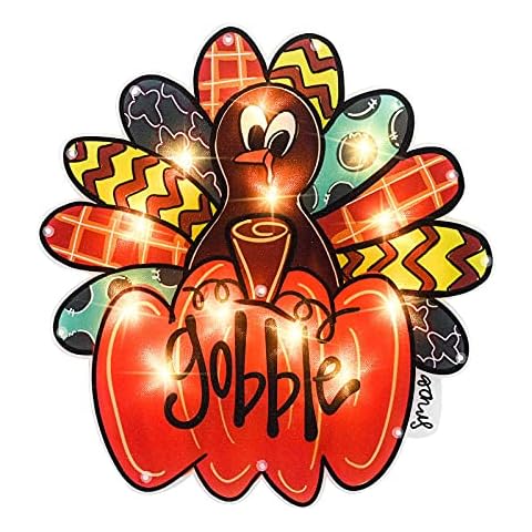 ALLADINBOX 14x15 Inch Thanksgiving Decorations 12 LEDs Lighted Window Silhouette - Turkey Standing on Pumpkin with Gobble Letterings - Hanging/Tabletop Light Up Holiday Ornament (2AA not Included) Cover
