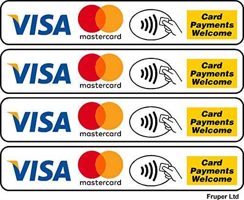 EG 4 x Contactless Card Payments Welcome Visa MasterCard Credit Card, Vinyl Laminated Waterproof Stickers Decals -Taxi - Minibus - Coach - Hire - Car - Business - Shop