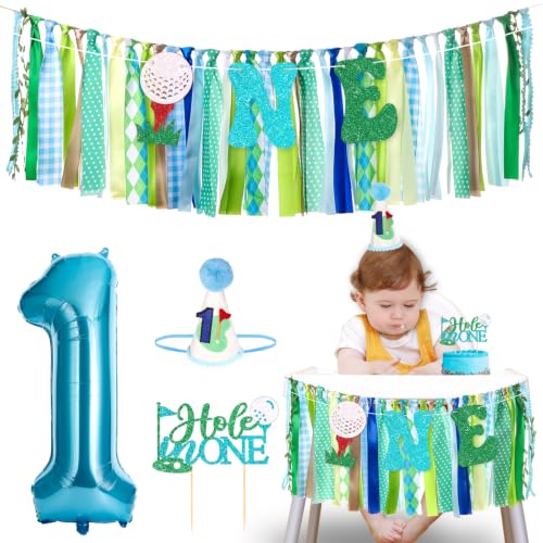 Image of Golf Hole in One Highchair Banner for First Birthday Party Decorations | Blue Green Golf High Chair Fabric Banner for Boys 1st Birthday Backdrop Decorations Photo Props Baby Shower Party Supplies