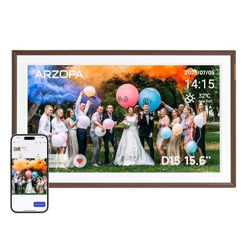 ARZOPA Digitaler Bilderrahmen Groß 15,6 Zoll Kostenlos Unbegrenzter Cloud-Speicher Sofortige Fernübertragung Fotos Videos FHD Touchscreen Elektronischer Bilderrahmen Geschenk für Feiertage - D15 Braun