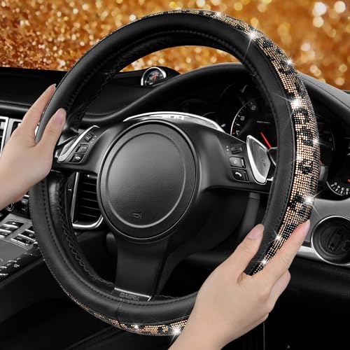 Image of CAR PASS Bling Diamond Steering Wheel Cover Leopard Pattern, Sparkly Crystal Glitter Rhinestones Black Leather Wheel Protect for Women Girl Fit Suvs,Vans,Sedans,Cars,Trucks, 14 inch 1 /2-15 inch Gold Leopard