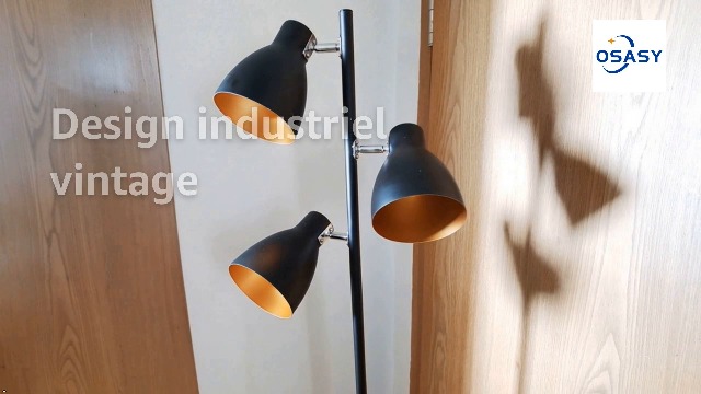 Lampadaire Vintage Osasy 3 Spots Orientables – Métal Noir & Or, 168 Cm, Interrupteurs Indépendants