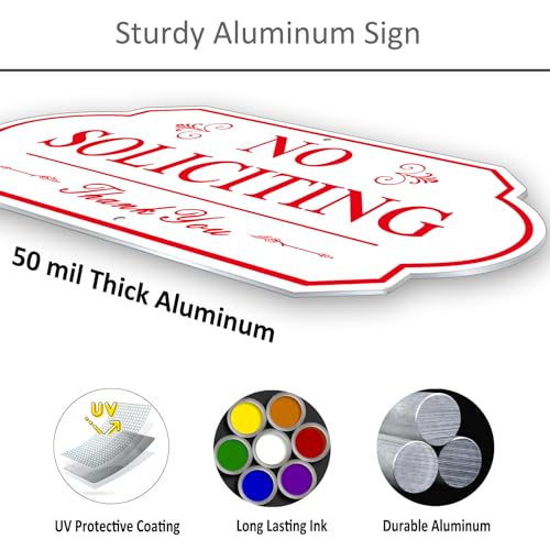 Image of Heavy Duty No Soliciting Sign for House - All Metal Construction No Soliciting Yard Sign - 14 inch x 7 inch - Aluminum - with 28 inch Long Stake (RED and WHITE)