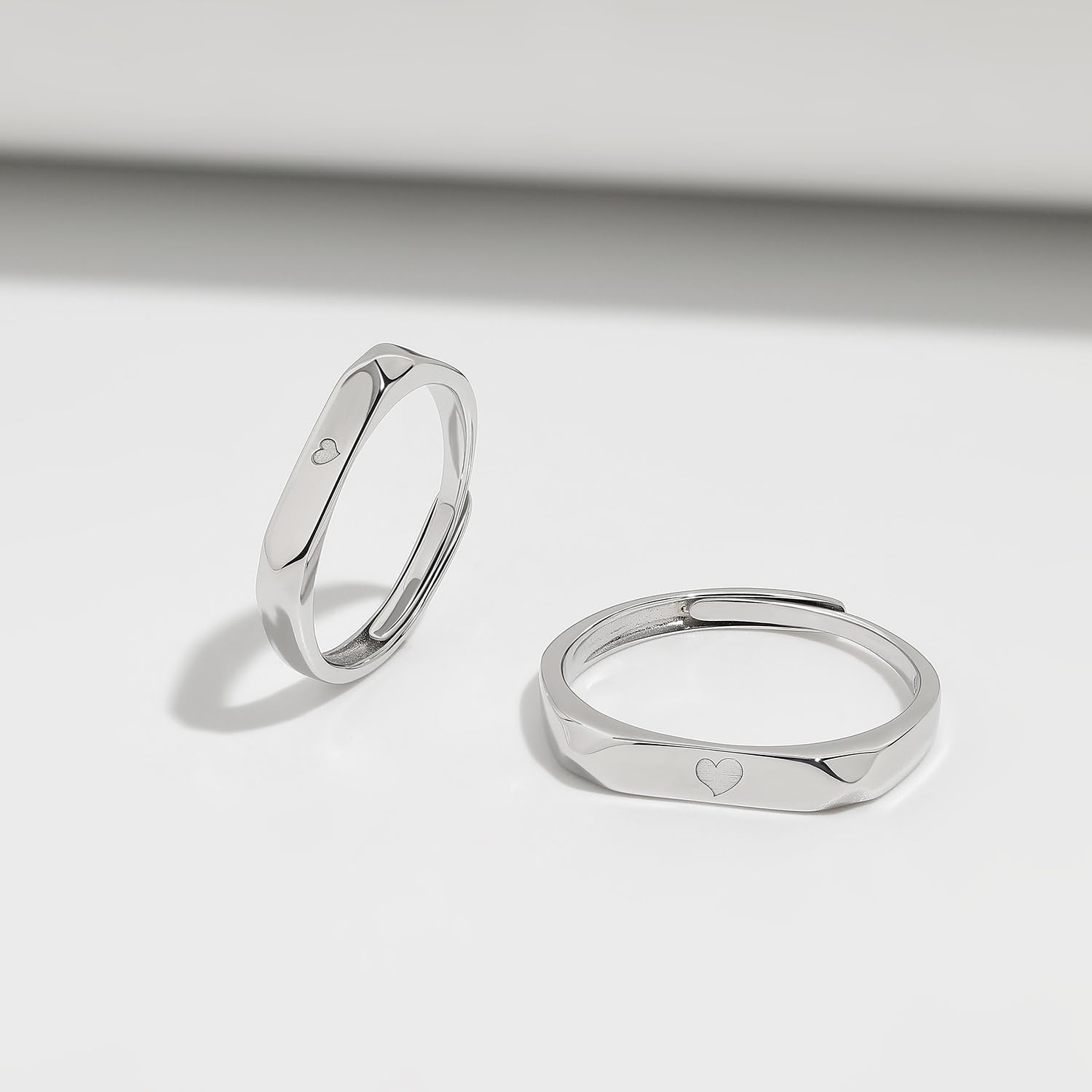 Meissa Anillos de Compromiso Boda Plata de Ley 925 para Pareja Novios Ajustables con Dos Corazones y San Valentín (Juego de Dos Anillos)