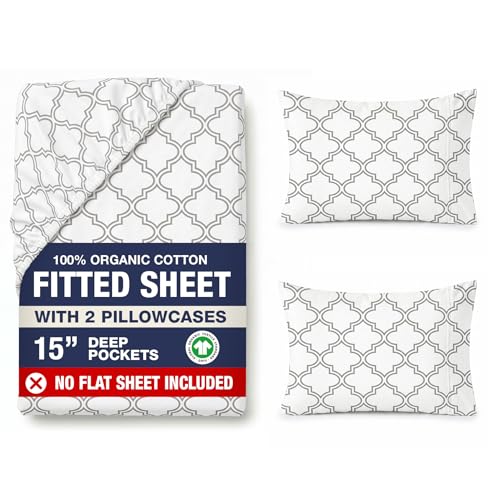 LANE LINEN 100% Organic Cotton Fitted Sheet Queen, Soft Percale Weave, Queen Size, Soft, Eco Friendly Low Pill Fade Resistant Breathable Printed Fitted Sheet Fits Mattress Upto 15" Deep - Trellis