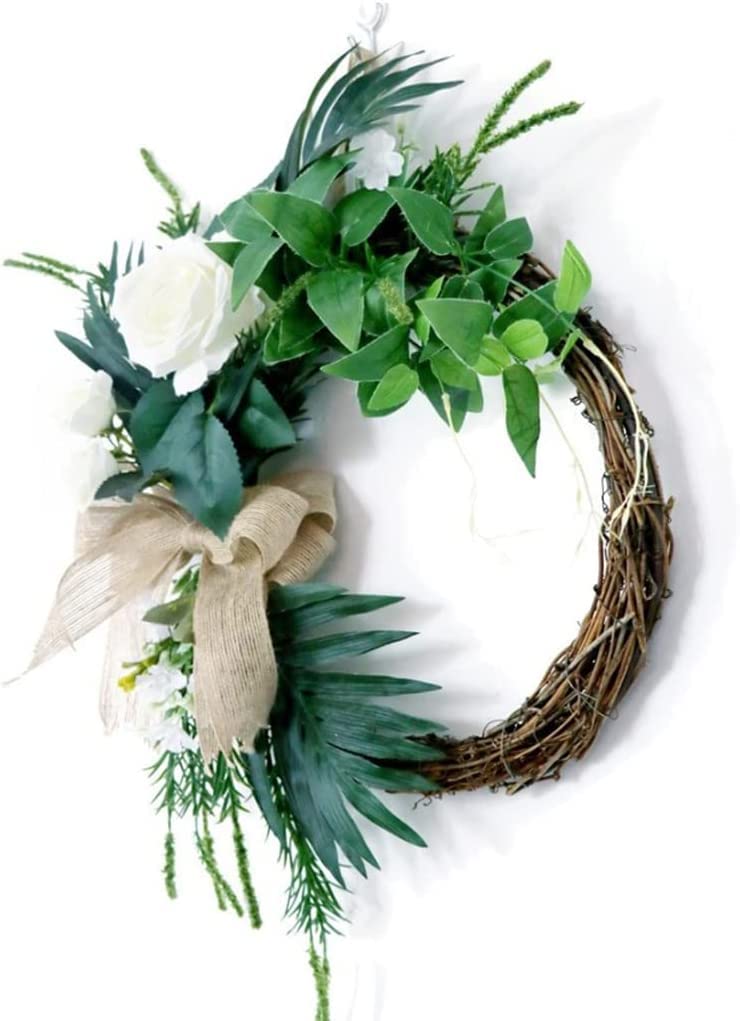 Guirlandes Couronnes de roses blanches avec des feuilles vertes Guirlandes de fleurs de patio de ferme Couronnes de Noël faites à la main Couronne de porte d'entrée d'automne Peut être réutilisé