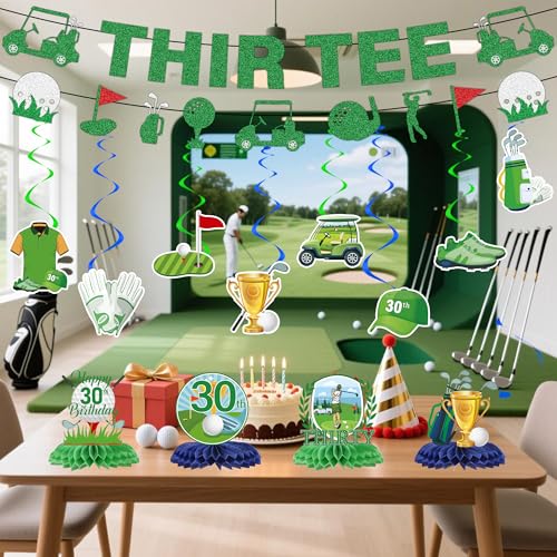 Image of Golf 30th Birthday Decorations Men - 14 Pcs Golf Themed Thir Tee Banners, Hanging Swirls, Honeycomb Table Centerpieces for Him Men 30 Birthday Celebration Sports Party Supplies Decoration