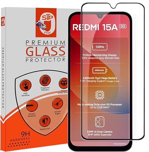 Image of STP FEEL Premium Tempered Glass Screen Protector Guard Compatible For Redmi 15A 5G (6.9 Inch, Pack of 1) | Edge to Edge Coverage With Easy to installation kit for Smartphone