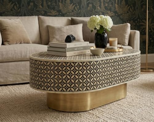Image of Handmade Bone Inlay Oval Coffee Table Black & White Floral Geometric Design, Luxury Center Table with Brass Base for Living Room, Modern Decorative Coffee Table for Home & Apartment