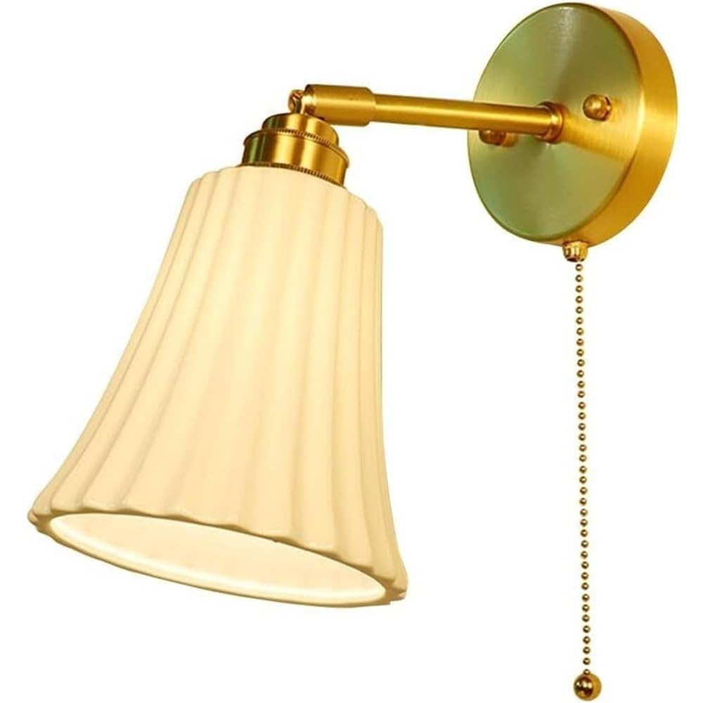 HPTHLY Nordic White Stripe Ceramic Bedside Wall Sconce Brass Hallway Aisle Wall Light Fixture With Pull Switch Indoor Corridor Stairs Wall Mounted Lamp For