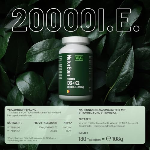 Vitamin d3 k2 hochdosiert 20000I.E. + Vitamin K2 MK7 200 mcg pro Dosis, 180 Vegetarisch Depot im Jahresvorrat, Ohne Zusätze, In Deutschland Produziert