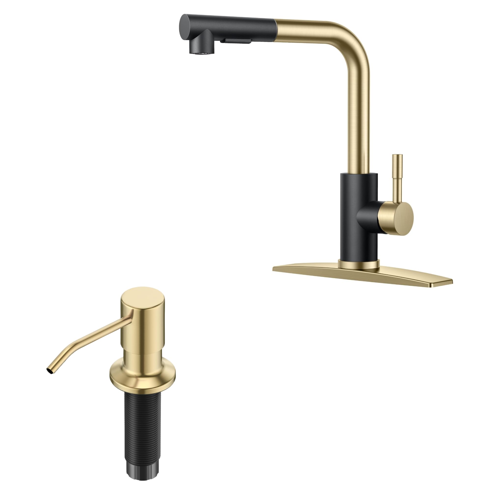 Jnfidosr Black/Gold Kitchen Faucet With Pull Down Sprayer & Brushed Soap Dispenser
