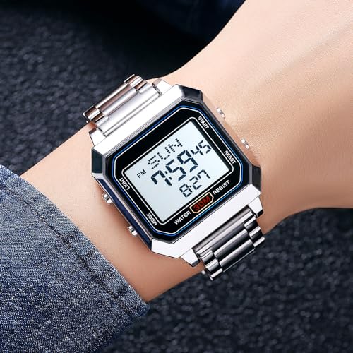 Mens Digital Watch for Men, Stainless Steel Square Watches, Digital Wrist Watches Waterproof Dual Time Date Watch4