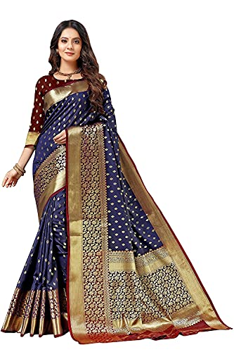 Sari Banarasi en soie vêtement traditionnel Kanjivaram bleu marine taille unique