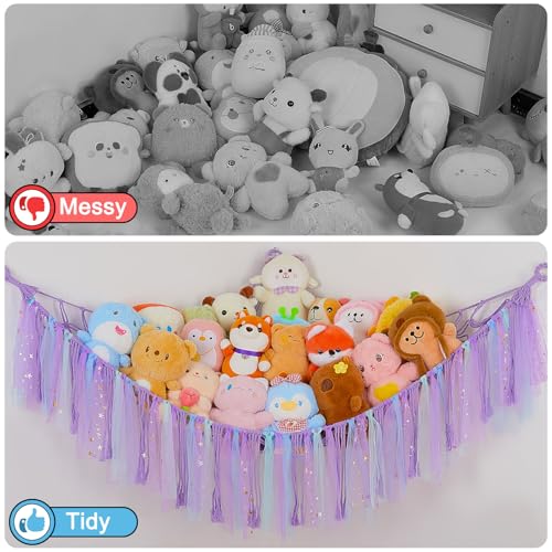 Image of FIOBEE Stuffed Animals Net LED Light Toy Hammock for Kids Bedroom Storage | Stuffed Animals Storage Organizer, Girls Room Decor, Teddy Bear Holder, Space Saving, for Kids Nursery Bedroom Playroom