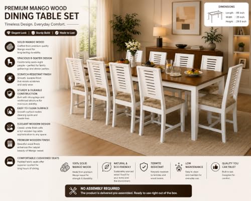 Image of Mango Wood 8 Seater Dining Table with Cushion Chair 8 Seater Wooden Dining Room Set Dinner Table Furniture for Living Room Home Restaurant (86x35x29.5 inch) White Finish