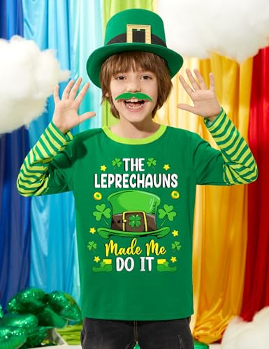 Image of Unisex Kid's St Patrick's Day Shamrock Top Striped Patchwork Irish Clover Long Sleeve Shirt 4-14 Years