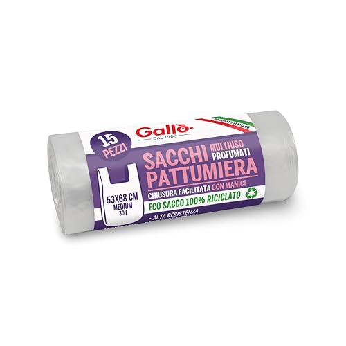 Gallo, 15 SacchettI Spazzatura in Plastica Riciclata, 100% Riciclato, 53x68cm, 30Litri, TRASPARENTE