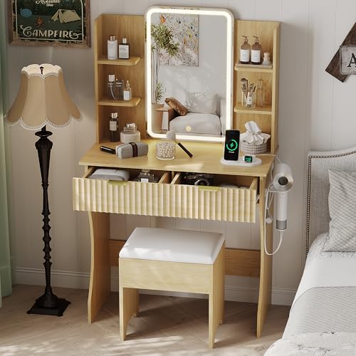 Image of Small Vanity Desk with Mirror and Lights, Makeup Vanity with LED Lighted Mirror, Fluted Vanity with Lights Desk and Chair, 3 Lighting Adjustable Dressing Table with Charging Station for Women,Girls