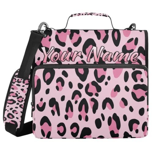 Image of Custom 3 Ring Zipper Binder Pink Leopard Print Cheetah Personalized Name 1.5 Inch Binders Large Capacity Multi Pockets for School Office Supplies