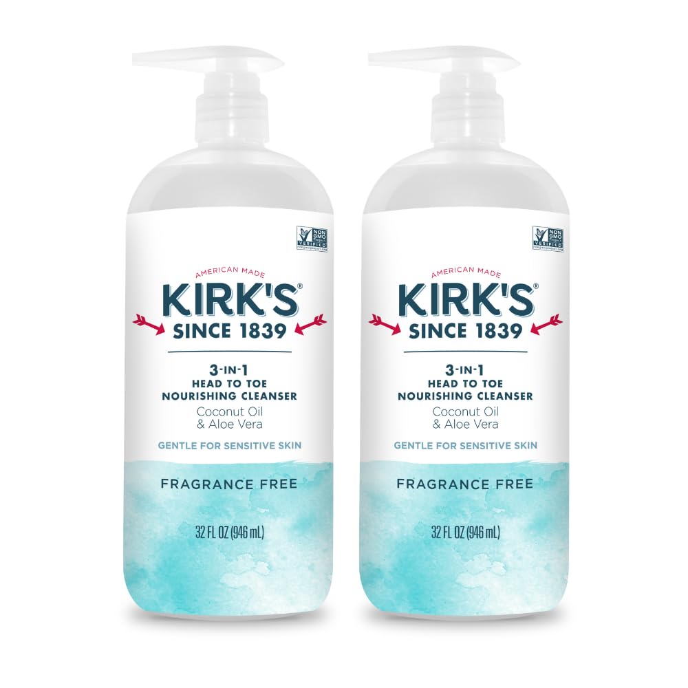 Kirk's 3-in-1 Head to Toe Nourishing Liquid Cleanser- for Men, Women & Children - Premium Coconut Oil & Aloe Vera- Non GMO & Vegan -Fragrance Free - 32 Fl Oz. - 2 Pack