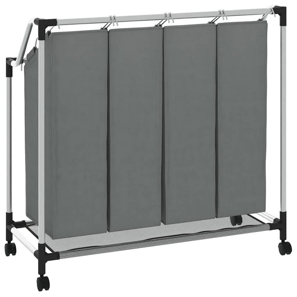 Kosz na pranie z rolkami i 4 półkami, szara rama stalowa, worki na pranie z włókniny, 96 x 40 x 92 cm, obciążenie 20 kg, nowoczesne, wąskie, prostokątne, do przechowywania, oszczędność miejsca