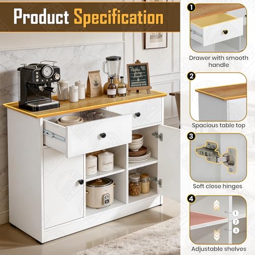 Image of ABOUT SPACE 3ft Kitchen Storage Cabinet with 2 Drawers, Open Center Shelf, 2 Closed Cabinet with Adjustable Shelves Modern Kitchen Rack Cupboard for Dining Room, Living Room, Entryway - CM Oak & White