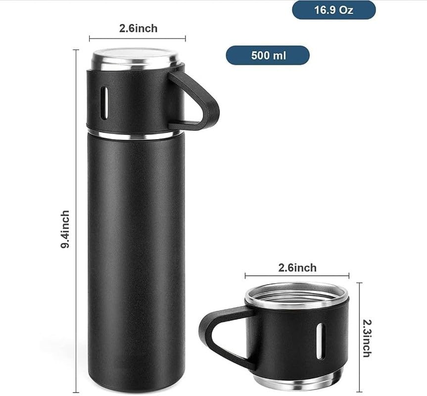 Image of 500ml Vacuum Insulated Stainless Steel Flask Set with 3 Cups Leakproof Double Wall Bottle for Tea Coffee Water Travel Office Gift Set Black
