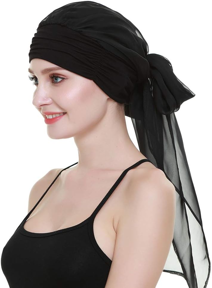 Chemo ヘッドウェア ターバン 女性用 ロングヘア ヘッドスカーフ ヘッドラップ がんハット, ピュアブラック, One Size