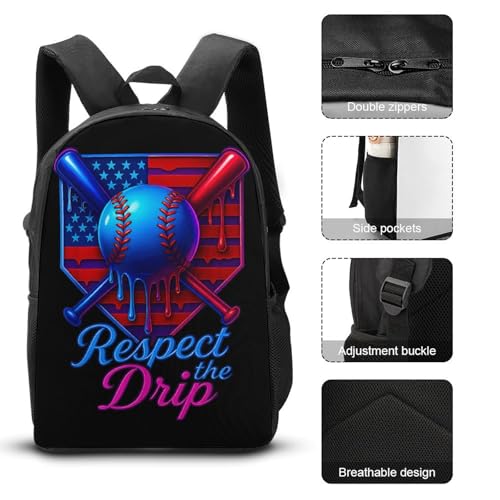 Baseball Respect The Drip American Flag Game Day Backpack Set 3 Pieces Backpacks Lunch Bag Wallet For Travel Outdoor Sports3