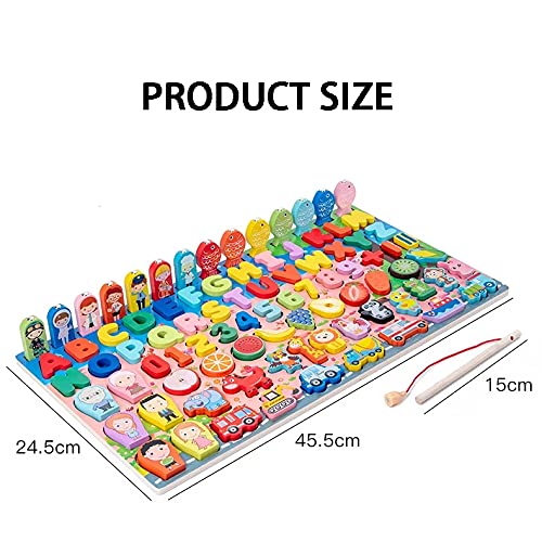 Image of Univocean Montessori Colorful Wooden Toys - Alphabet Numbers Animal Fruits Shape Fishing Game Board for Kids