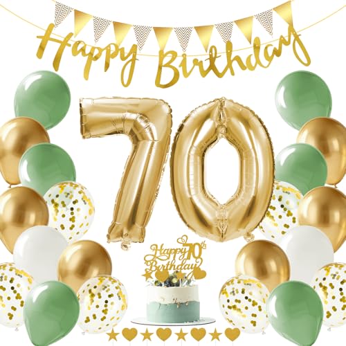 Alaoo Conjunto Dourado Verde Decoração de Balões de Aniversário, conjunto de 38 balões de aniversário com bandeirola feliz aniversário, balão de aniversário 70 para festa de 70 anos, decoração de