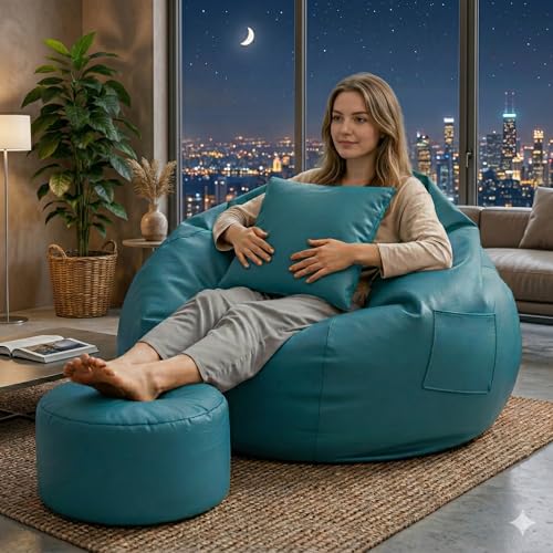 Image of IVIKA Bean Bag with Stool & Cushion | XXXXL Size Premium Leatherette Bean Bag for Gaming, Living Room & Bedroom (4XL - Aqua)