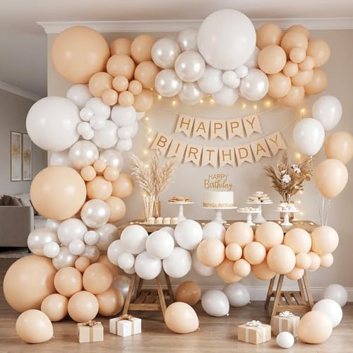 Image of RUBFAC 135pcs Nude Balloons, Latex Boho Beige Apricot Balloon Different Sizes 18 12 10 5 Inch for Garland Arch Wedding Baby Shower Gender Reveal Anniversary Birthday Party Decorations
