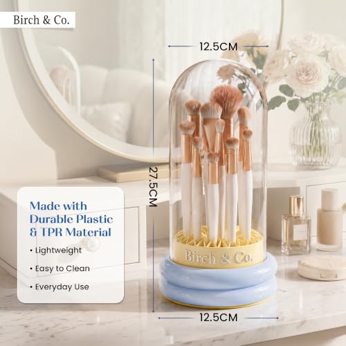 Image of Birch & Co. 4-in-1 Makeup Brush Holder Organizer with Dustproof Lid,Silicon Brush Cleaning Mat & Hanging Drying Rack, Portable Makeup Organisers Case for Sponges, Puffs & Brushes, Blue & Yellow