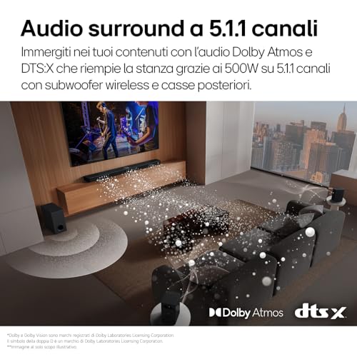 LG S70TR Soundbar TV 500W su 5.1.1 Canali con Subwoofer Wireless, Casse Posteriori Incluse, Dolby Atmos, DTS:X, Speaker Centrale Up-firing, HDMI Passthrough 4K 120Hz, AI Sound Pro - Immagine 4