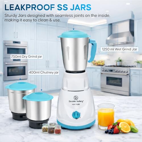 Image of New York 750W Juicer Mixer Grinder With 1000W Phuket Dry Iron Combo | 3 Jar | Perfect for Juicing, Mixing, Blending | Stainless Steel Blades | Bule & White | 2 Years Warranty