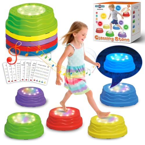 TERRAMUS Light up & Sound Stepping Stones for Kids Toddler Sensory Toys Jump Balance Stones for Autism 5 PCS Obstacle Course Indoor & Outdoor Equipment Improve Coordination Gifts for Boys Girls 3+