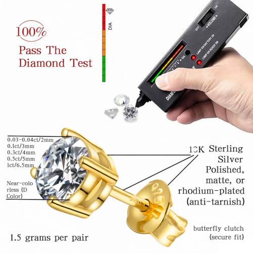 Image of Moissanite Stud Earrings for Men Women, 925 Sterling Silver 18K White Gold Plated, 1CT 6.5mm Round Cut, VVS1 D Color (0.6-2ct)