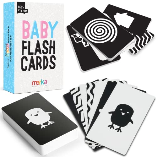 Image of merka High-Contrast Baby Flashcards – Set of 50 Black-and-White Flash Cards for Visual Stimulation and Brain/Sensory Development – Learning Tool for Infants and Toddlers 18 Months and Above