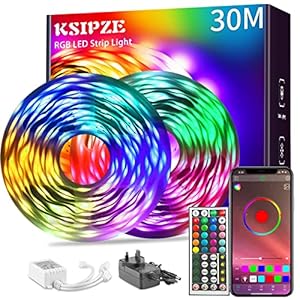 KSIPZE 30m Led Strip Lights(2 Rolls of 15m) RGB Music Sync Color Changing, Bluetooth Led Lights with Smart App Control…