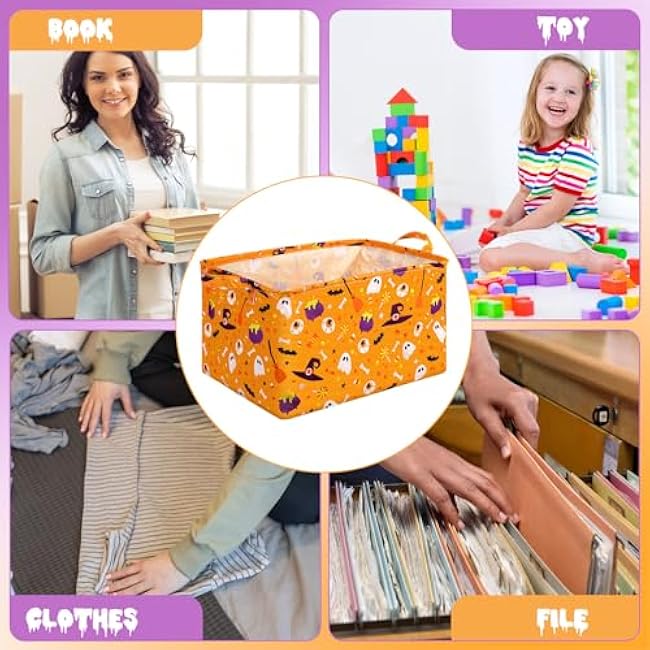 Breling 4 Pcs Halloween Baskets Boo Basket Gift Pumpkin Ghost Baskets with Handles Large Collapsible Storage Bins Boxes for Trick or Treat Gift Books Laundry Shelves Home Storage, 15 x 10 x 8 Inch