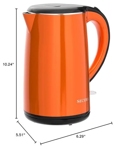 Secura Original Stainless Steel Double Wall Electric Water Kettle 1.8 Quart with Auto Shut-Off & Boil-Dry Protection, Orange SWK-1701DO/HB-3227B - Thumbnail 3