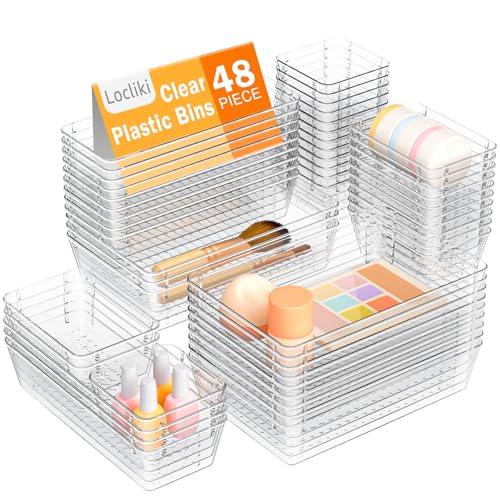 Locliki 48 PCS Clear Plastic Drawer Organizers, 4 Varied Size Versatile Dresser Drawer Organizer Trays, Drawer Storage Bins for Makeup, Utensils, Jewelry, Office