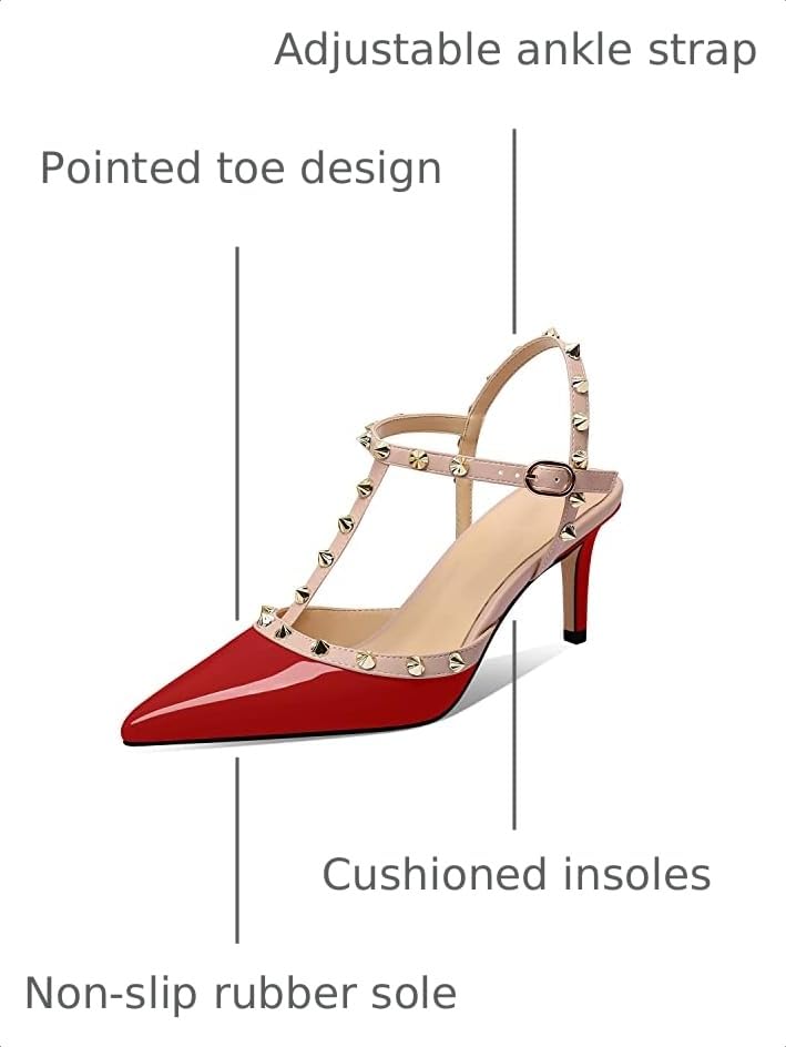 Image of XINIUNIU Studded Heels for Women Kitten Heels with Studs Stiletto Sandals with Rivet Ankle Strap Patent Leather Pointy Toe 2.5 Inch Party Daily Wear Evening Sandals