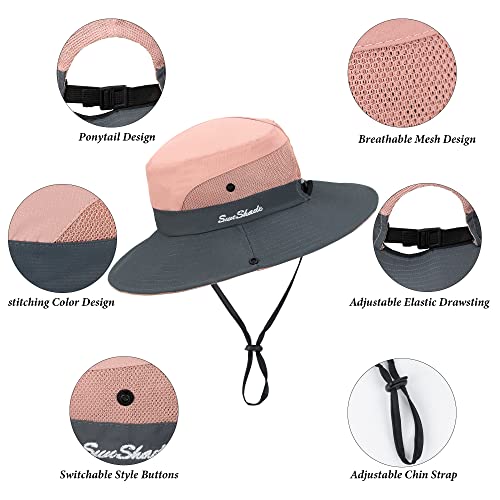 Utowo Sun Hat For Women Summer Uv Protection Beach Hat Wide Brim Mesh Bucket Fishing Hat With Ponytail Hole Foldable Packable Hat Pink thumb #3