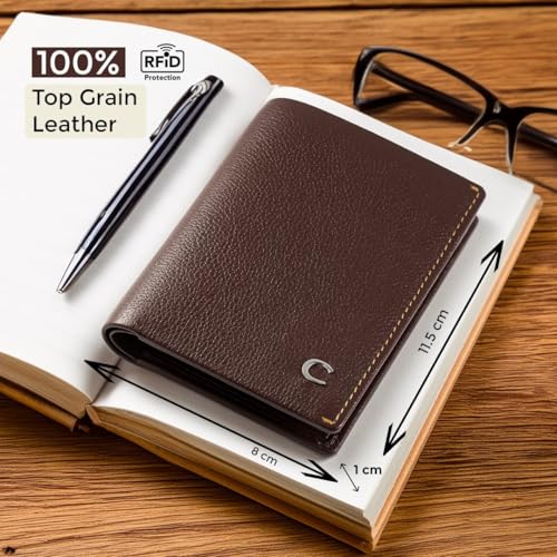 Image of Contacts Wallet for Men Leather Original | Stylish Purse with RFID Blocking | Card Holder Slots and 2 Cash Compartments | Gift for Man (231-Brown)