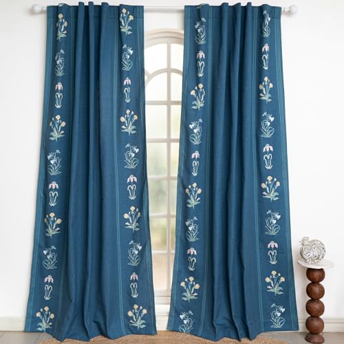 Image of Tranquebar Curtain Co. Cotton Curtains 8 Feet Long Set of 2,60-65% Room Darkening,Multi Blue Gul Print,Door Curtains 8 Feet Set of 2,Door Curtains 8 Feet Set of 2,BackTabs, Gul (244 cm)-Set of 2