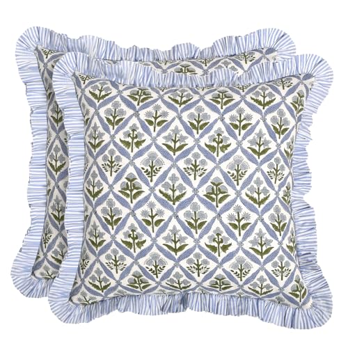 Ridhi Block Print Light Steel Blue Throw Pillow Cover 18 x 18 (Pack of 2) Decorative Cushion Covers with Ruffle for Couch Sofa Bed Living Room Home Decor Gift for Spring Easter Valentine
